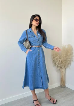 Abito in jeans a manica lunga con bottoni e cintura N2622
