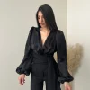 Body con manica ampia in simil seta nero