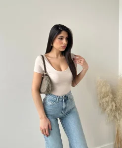Body manica corta in modal beige
