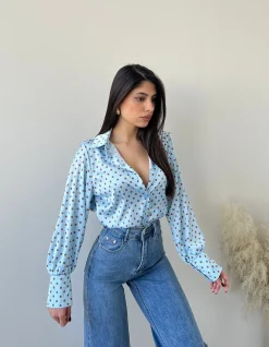 Camicia pois effetto raso celeste