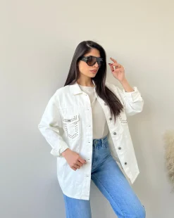 Giacca di jeans con borchie bianca