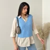 Gilet in maglia con trecce celeste