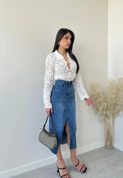 Gonna midi in denim con spacco