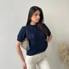 Maglia traforata a manica corta blu