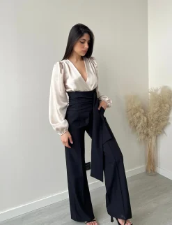Pantalone a vita altissima con fascia nero