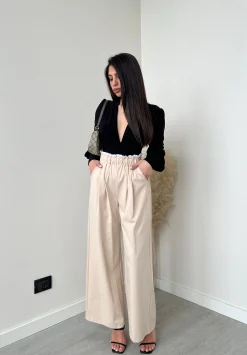 Pantalone in cotone con bordo bianco beige
