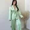 Pantalone palazzo in simil raso salvia