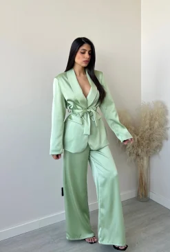 Pantalone palazzo in simil raso salvia