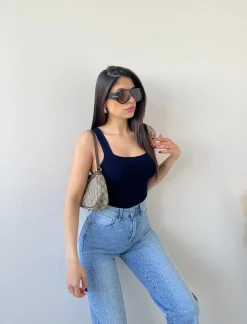 Top in maglia scollo quadrato blu navy