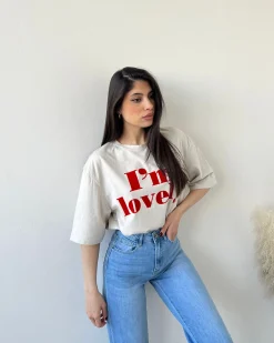 Tshirt con scritta in velluto beige