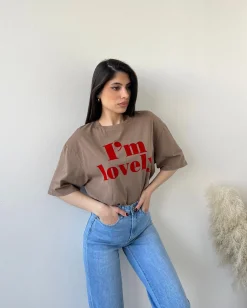 Tshirt con scritta in velluto camel