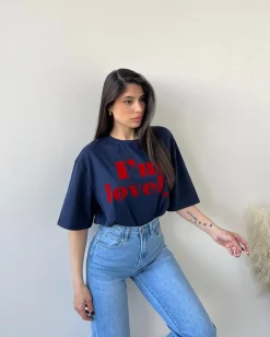 Tshirt con scritta in velluto blu navy